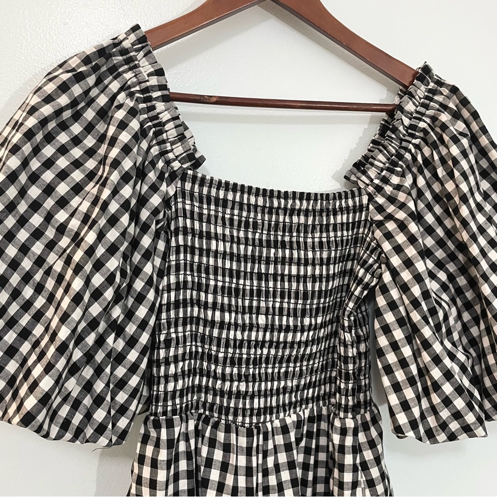 Anthropologie x Self Contrast Puff Sleeve Gingham Black White Smocked Romper XS - Picture 5 of 10